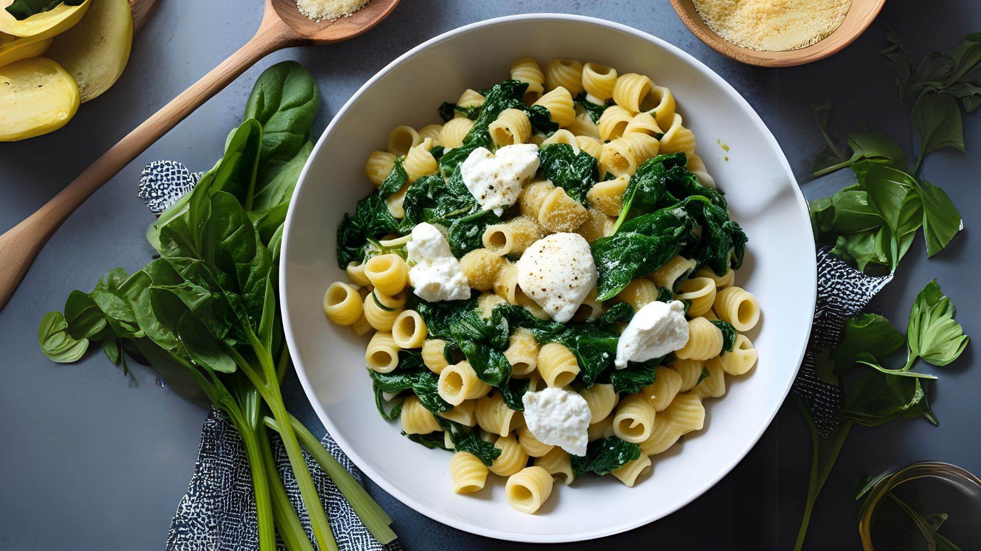 Pasta med spinat, ricotta og ansjoser